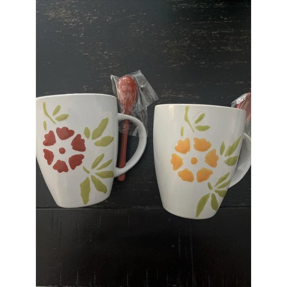 (2) Pier 1 Floral Hand-Painted Stoneware 12 oz. Coffee Mug Cup White Orange Red